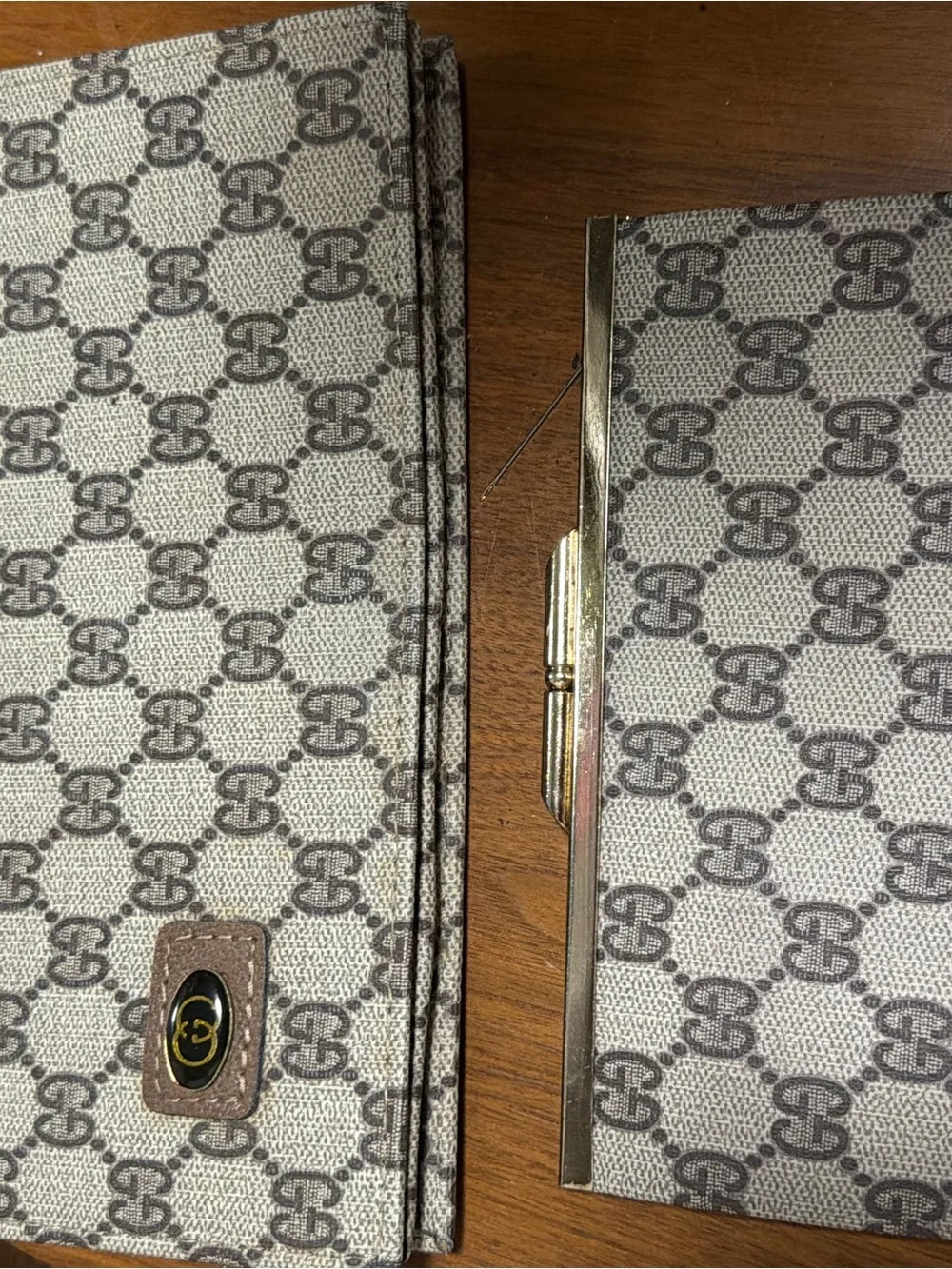 Gucci Beige and Brown GG Monogram Clutch and wallet Set with Gold-Tone Accents